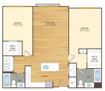 Floor plan for 2 beds, 2 baths, 1159 sqft